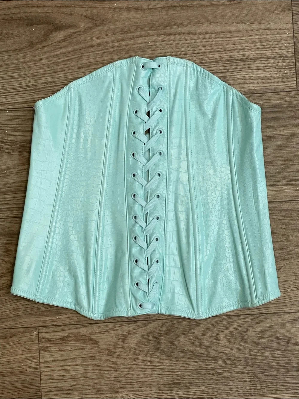 Savage x Fenty Light Blue Faux Leather Corset and Panty Matching Set